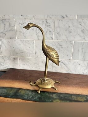Vintage Brass Crane Perched on Turtle Incense Burner Figurine (missing parts)